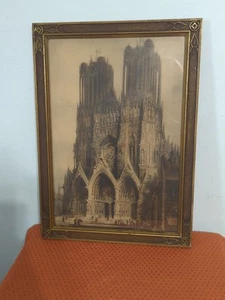 Antigua impresión "Catedral de Reims" enmarcada 21 1/4" X 15 1/4" - Imagen 1 de 15