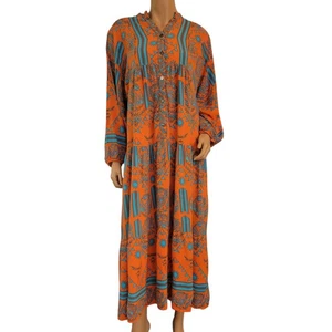Alkan Tekstil Dress Orange Turquoise Print Button Down Bohemian Tiered Resort - Picture 1 of 15
