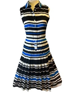 Calvin Klein Striped Shirtwaist Dress Size 4  Button Front Pleated Skirt - Picture 1 of 7