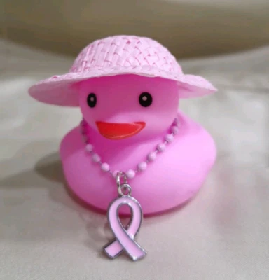 Pato de goma para concientización sobre el cáncer de mama, sombrero de paja cinta rosa tablero decoración regalo Foto 1 de 4