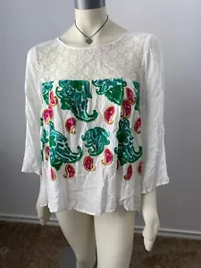 FIGUEROA & Flower White Swiss Dot Embroidered Bell Boho Peasant Top Blouse L - Picture 1 of 5