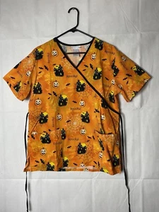 SB Scrubs Women’s Medium Orange Halloween Scrub Shirt With Tie  - Picture 1 of 6