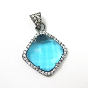Colgante de gemas bisel de topacio azul plata esterlina oxidada, pavimento cúbico de circonia 17 mm - Imagen 1 de 4