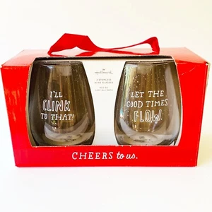 Hallmark Barware 2 Stemless Wine Glasses Drinking Glass Cheers to Us Holiday - Picture 1 of 12
