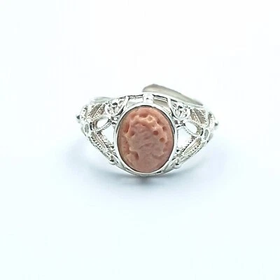 ANELLO DONNA CORALLO ROSA ANTICO ARGENTO 925 RODIATO ORO BIANCO  REGOLABILE  - Immagine 1 di 4