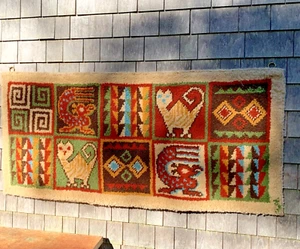 MCM Shag Rug WALL HANGING Cats/Birds/Tribal folk art Junghans-Wolle 28x62 tapest - Picture 1 of 7