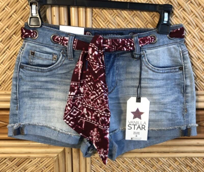 Vanilla Star Women's Jean Shortie Shorts Denim Med Wash Tie Belt Sz 3  - Image 1 of 4