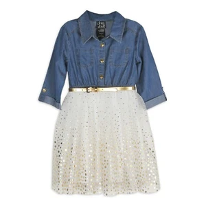 Pink & Violet Girls Denim Chambray Bodice 3/4 Sleeve Tulle Tutu Dress with Belt - Picture 1 of 7