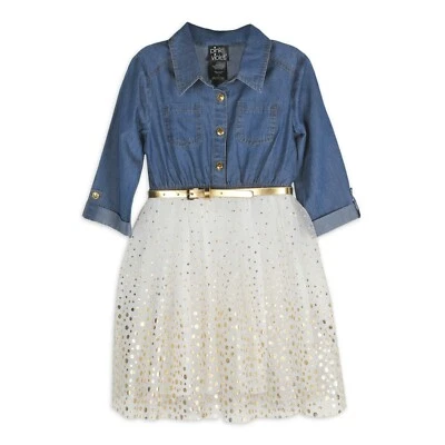 Pink & Violet Girls Denim Chambray Bodice 3/4 Sleeve Tulle Tutu Dress with Belt - Image 1 of 2