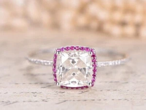 2Ct Cushion Cut Simulated Diamond Women's Solitaire Ring 14K White Gold Plated - Picture 1 of 5