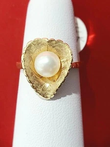Vintage 14K Yellow Gold 6mm PEARL LEAF Ring Size 6 - Bild 1 von 24