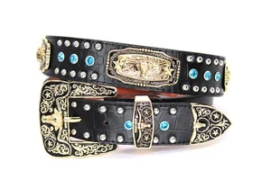 Western Belt Black Gold Longhorn Men Crocodile Snake Pattern for Pants Size 30 - Picture 1 of 10