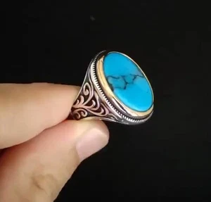Solid Sterling 925 Silver Signet Men's Jewelry Top Rich Blue Turquoise Ring - Picture 1 of 2