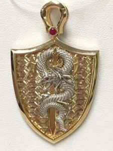 Snake Shield Pendant with Rubies, 14kt White & Yellow Gold, 10.3 Grams - Picture 1 of 5