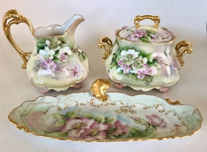 Limoges Sugar Bowl, Creamer & Dish, Hand Painted, c. 1900 - Picture 1 of 14