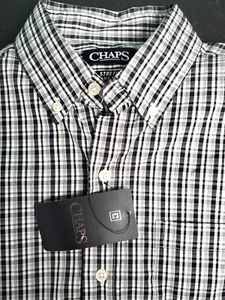 Chaps Mens Long Sleeve Button Down Shirt White Black Plaid Pocket S/P Stretch  - Picture 1 of 5