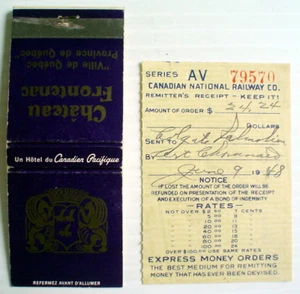 ALTER EXPRESS ZAHLUNGSANWEISUNGEN QUITTUNG 1948, CN RAILWAY CO. + 1 CP STREICHHOLZSCHACHTEL - Bild 1 von 9