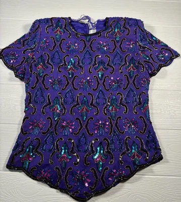 Vintage Stenay Women’s Sequin Beaded Silk Evening Blouse Top Sz L Mardi Grass(32 - Image 1 of 4