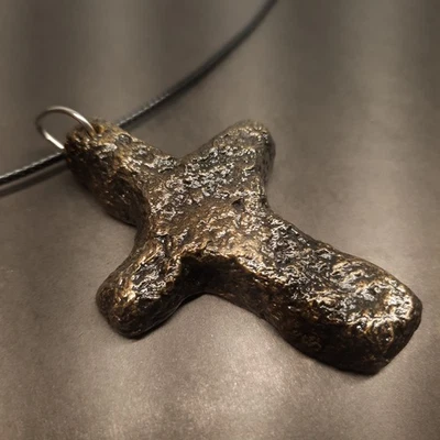 THE CROSS Pendant Necklace Paper Mache Clay Aged Gold Tone Color - Image 1 of 4