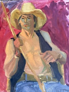Vintage Cowboy Portrait Oil Painting Board Western Art Unsigned Original 16x20 - Picture 1 of 3