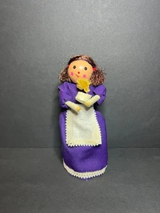 Vintage Handmade Farmhouse Folk Art Brunette Doll w/ Purple Dress & Flower 5" - Picture 1 of 6