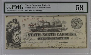 1862 $5 State Of North Carolina Raleigh Bank Note PMG AU58 - Picture 1 of 2