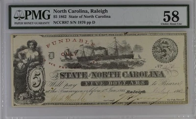 1862 $5 State Of North Carolina Raleigh Bank Note PMG AU58 - Image 1 of 2