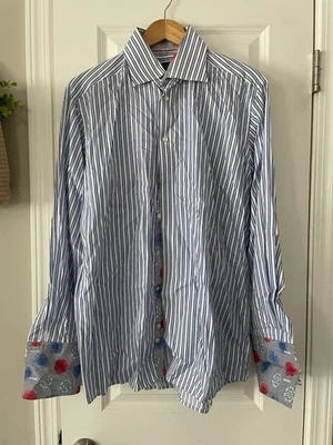 Camisa de vestir contemporánea Eton para hombre 17x43 azul a rayas puño francés floral Foto 1 de 4