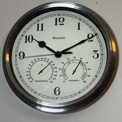 Westclox Wall Clock Silver Finish 12 in. Round Metal Frame Thermometer - Image 1 of 4