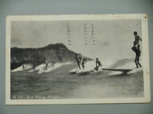 Surf Reiten Waikiki Postkarte Longboards 1943 Poststempel Luftpostmarke - Bild 1 von 4