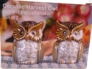 Ceramic Harvest Owl Salt & Pepper Shakers-NEW in Box-Collectible - Picture 1 of 8