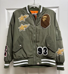 Vintage A Bathing Ape BAPE Varsity Bomber Jacket Green Orange Logo Japan Size S - Picture 1 of 24