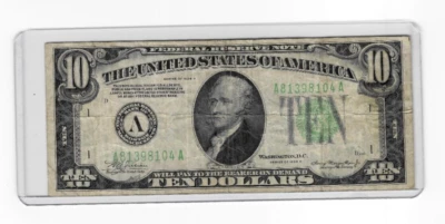 1934 Federal Reserve Bank $10 Note LIme Green Seal Ten Dollars Boston A CN652 - Image 1 of 2