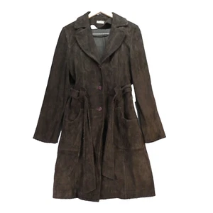 Real Leather Suede Coat Brown Vintage Trench Coat Retro size UK 10 Tania - Picture 1 of 11