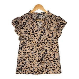 Shein Animal-Print Bluse Rüschen Flügelärmel Knopfleiste Oberteil Damen Größe Large - Bild 1 von 8
