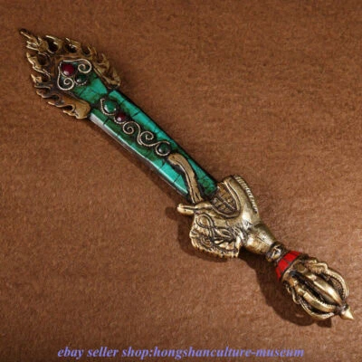11.2 "旧西藏铜镶嵌绿松石宝石佛教文珠剑法奇雕塑 — 第 1/4 张图片