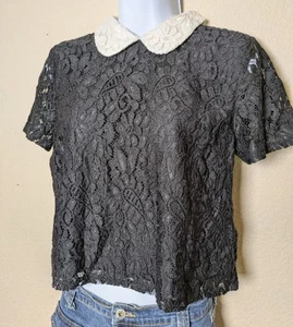 Top de encaje negro cuello Peter Pan talla pequeña Wednesday Whimsigoth Dark Academia - Imagen 1 de 9
