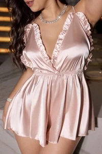 VTG Styl Glossy Pink Satin Open Back BODYSUIT TEDDY Playsuit Romper Sissy PLS 4X - Picture 1 of 8