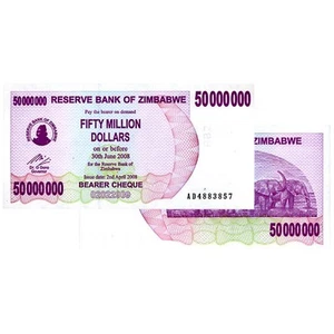 50 Million Zimbabwe Bearer Cheque 2008 Uncirculated - Picture 1 of 1