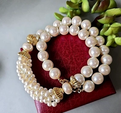 Винтажный искусственный жемчуг золотистый акценты ошейник ожерелье 18 «L - Изображение 1 из 3