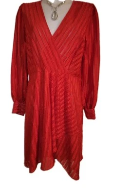 Calvin Klein Sz 14 Womens Red Stripe Sheer Boho Classic Preppy Luxury Wrap Dress - Image 1 of 3