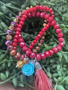 blue rose Stack Layering Beads Wrap Bracelets W/ Charms Boho Stretch bracelets. - Picture 1 of 4
