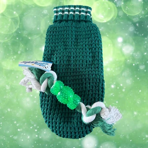 Shaker Knit Dog Sweater Clothes & Rope N Rubber Bone Toy Irish Green Pet SMALL - Picture 1 of 5