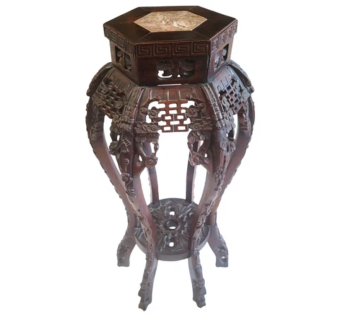 ANTIQUE 19thC CHINESE Hexagonal Inset MARBLE & TEAKWOOD Tabouret PEDESTAL Stand Cover