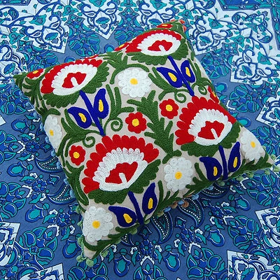 Indian Cotton Pillow Case Decor Throw 16x16" Suzani Embroidery Cushion Cover - Image 1 of 4