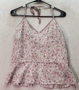 Volcom Tank Women Small Taupe White Sheer Lace Trim Open Back Halter Side Zipper - Picture 1 of 10