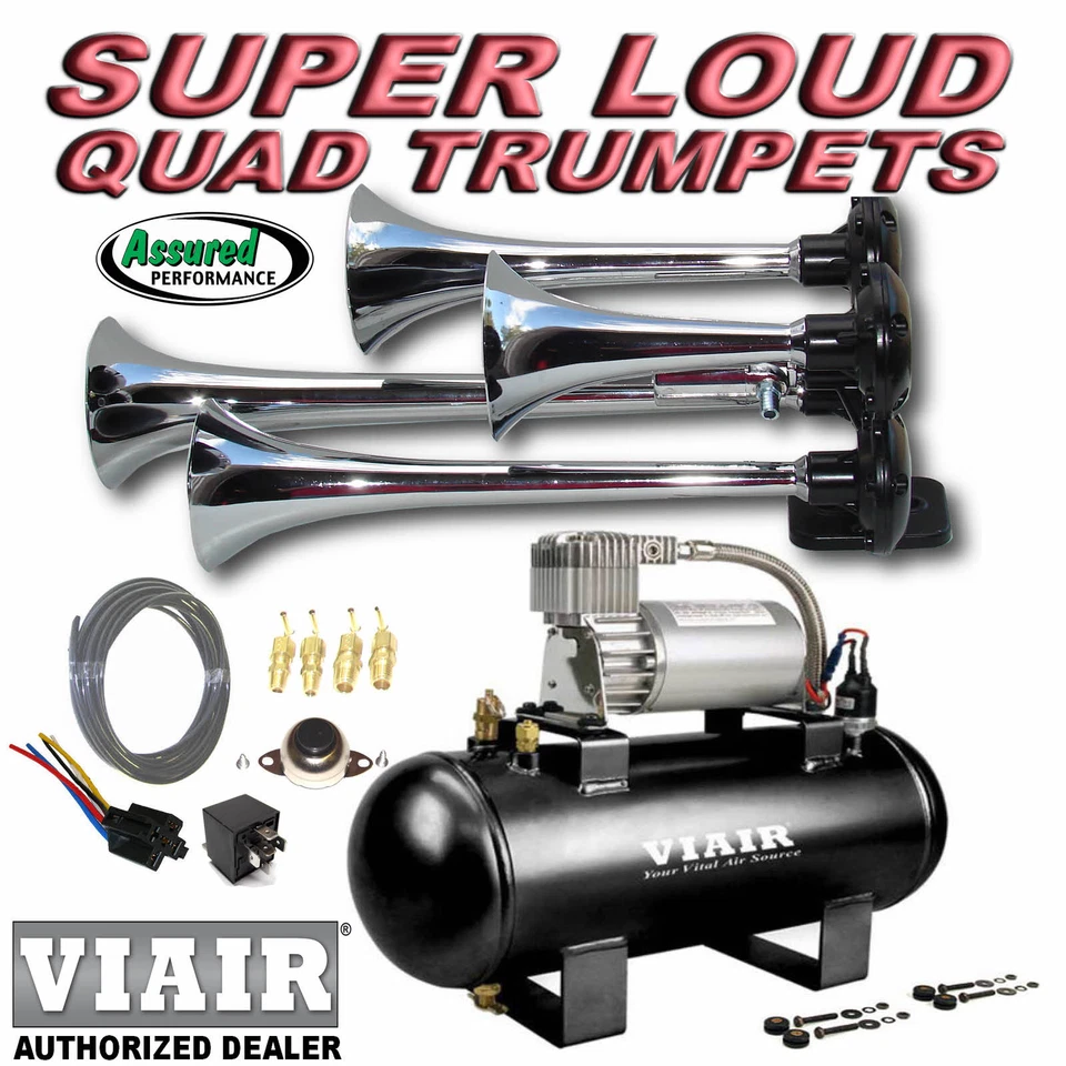 Loud Quad Trumpet Truck Train Air Horn Kit VIAIR 275c 120psi EZ Install System Foto 1 de 4