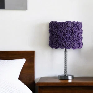 18" Silver Bedside Table Lamp With Purple Flowers Drum Shade - Picture 1 of 8