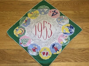 Bonito pañuelo gráfico vintage 1953 Hankie Seasons Celebrations - Imagen 1 de 6