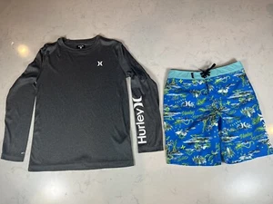 HURLEY Boys Island Shark Airplane Boardshorts 12/26 Gray L Shirt Nike 50+ UPF - Picture 1 of 11